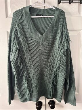 Fringe Cable Knit V-Neck Sweater in Sage Green